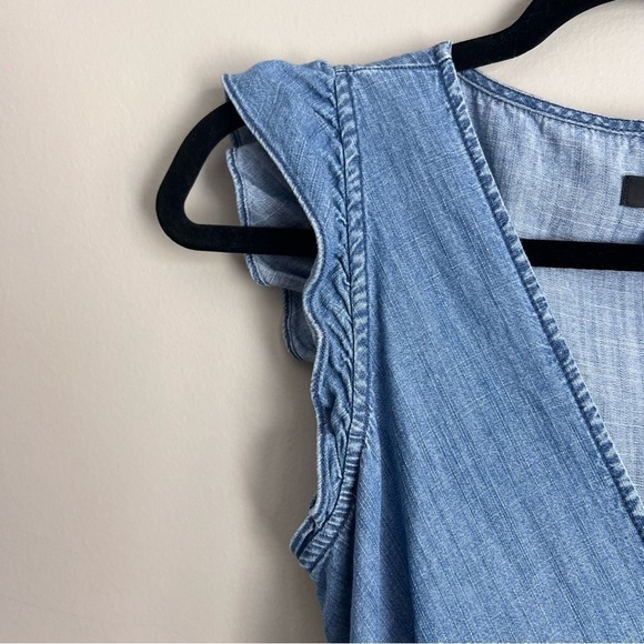 2/25 J Crew Denim Chambray Wrap Dress Ruffle Sleeveless Blue Jean springtime - Picture 6 of 9